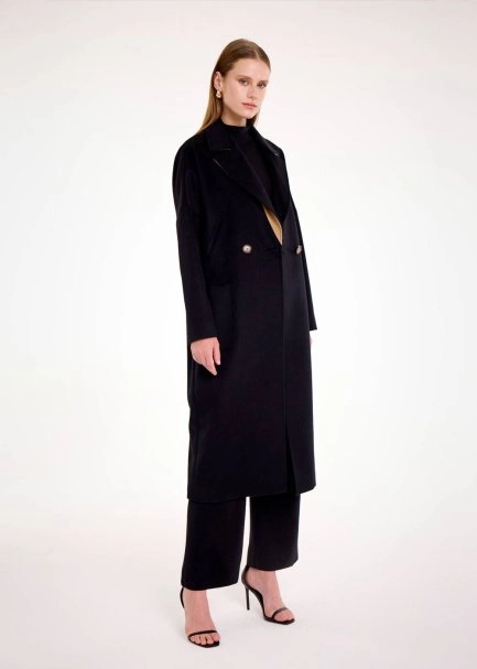 CONTRAST LAPEL DETAILED BLACK WOOL COAT - 2