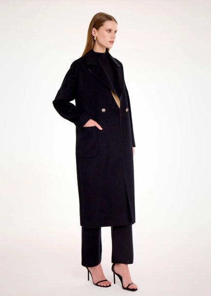 CONTRAST LAPEL DETAILED BLACK WOOL COAT - 4