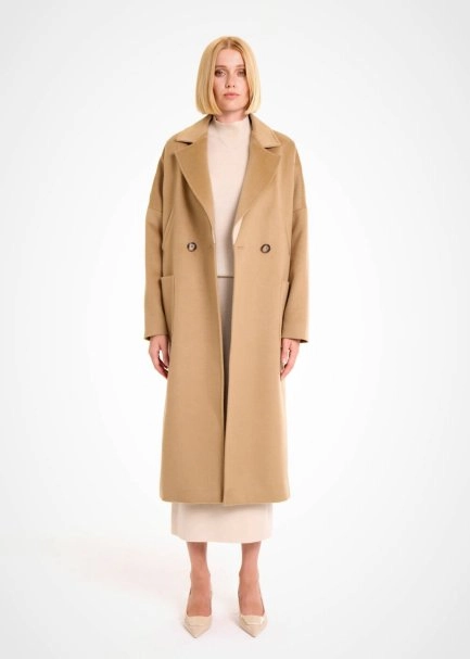 CONTRAST LAPEL DETAILED CAMEL WOOL COAT - 1