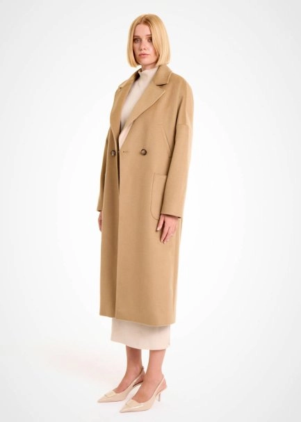 CONTRAST LAPEL DETAILED CAMEL WOOL COAT - 3
