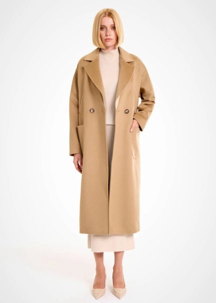 CONTRAST LAPEL DETAILED CAMEL WOOL COAT - 4