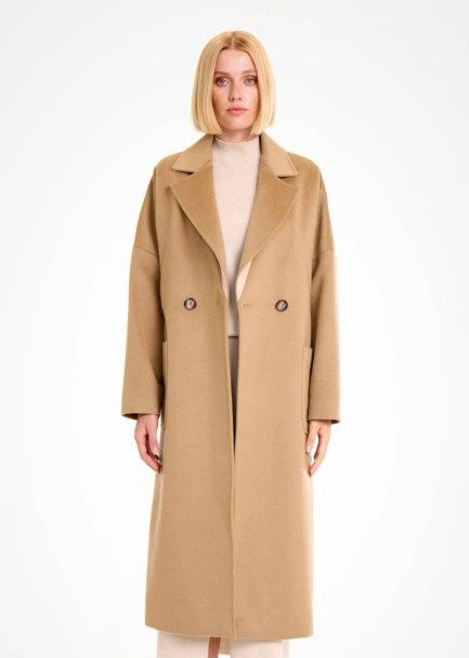 CONTRAST LAPEL DETAILED CAMEL WOOL COAT - 2