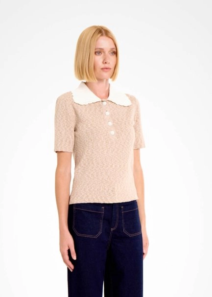 CONTRAST NECK CAMEL MOULINE KNIT TOP - 4