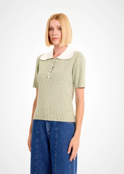 CONTRAST NECK THYME MOULINE KNIT TOP - 3