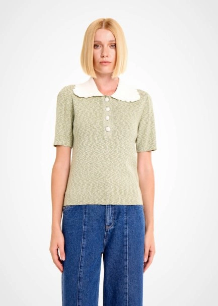 CONTRAST NECK THYME MOULINE KNIT TOP - 1