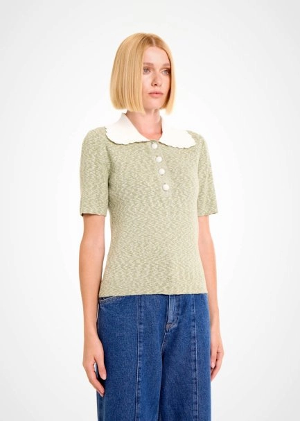 CONTRAST NECK THYME MOULINE KNIT TOP - 4