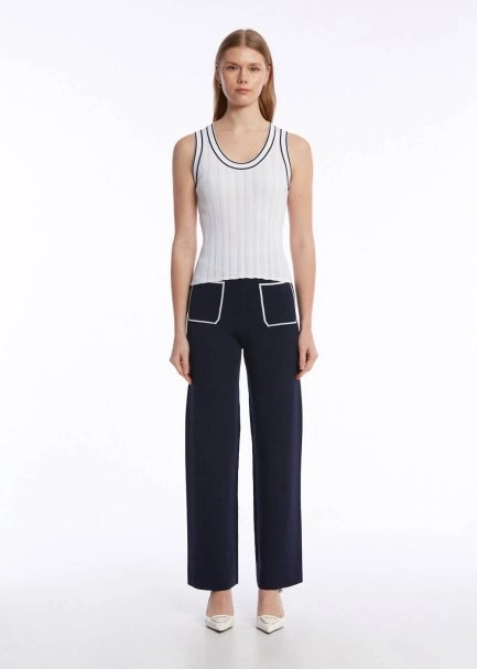 CONTRAST STRIPED NAVY KNIT PANTS - 2