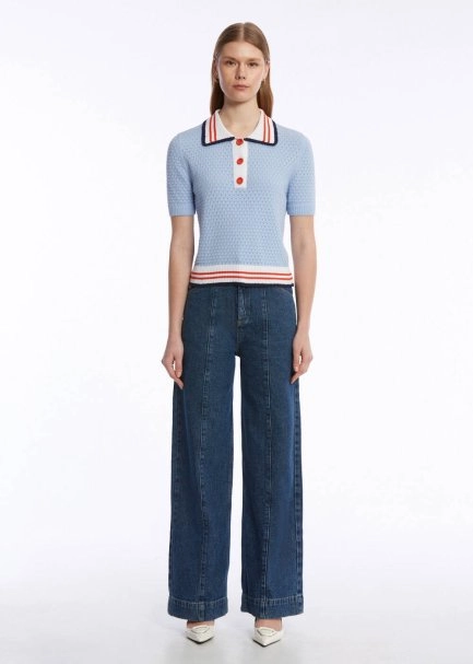 CONTRAST STRIPED POLO NECK SKY KNIT TOP - 2