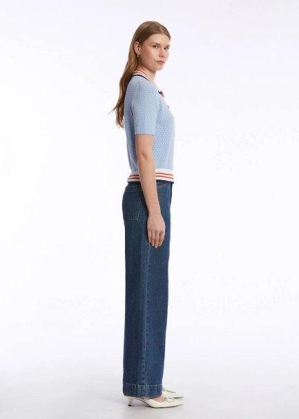 CONTRAST STRIPED POLO NECK SKY KNIT TOP - 4