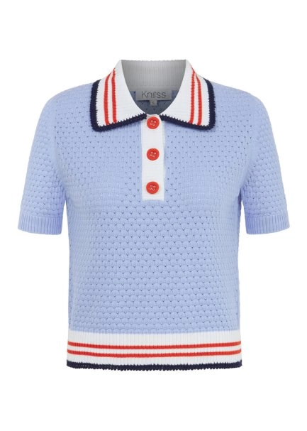 CONTRAST STRIPED POLO NECK SKY KNIT TOP - 6