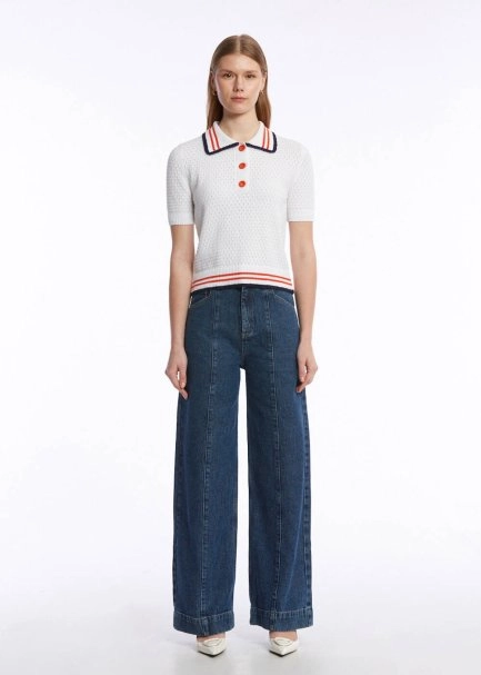 CONTRAST STRIPED POLO NECK WHITE KNIT TOP - 2