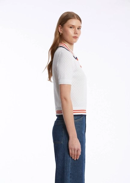CONTRAST STRIPED POLO NECK WHITE KNIT TOP - 3