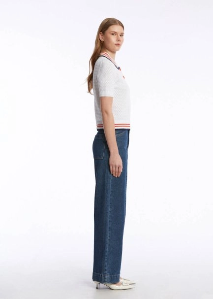 CONTRAST STRIPED POLO NECK WHITE KNIT TOP - 4