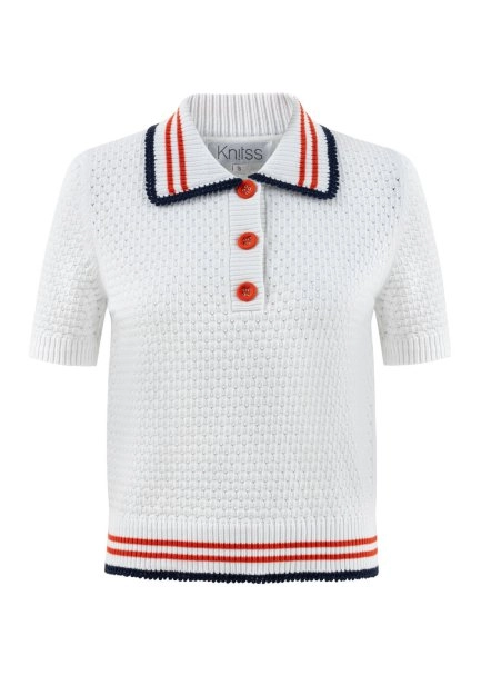 CONTRAST STRIPED POLO NECK WHITE KNIT TOP - 6