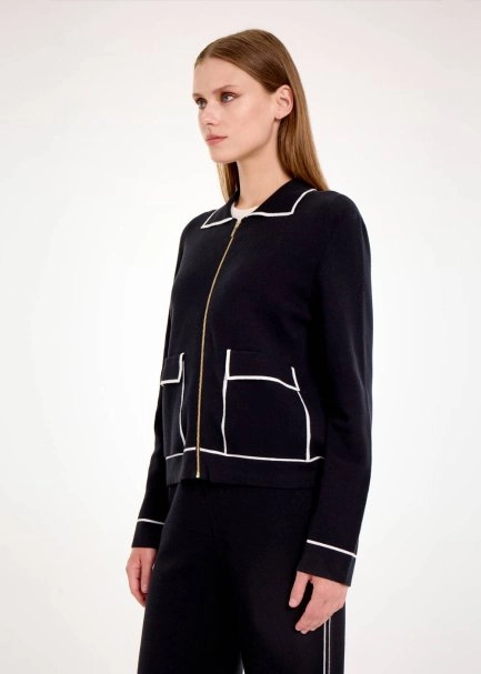 CONTRAST STRIPED SHIRT NECK KNIT JACKET - 6