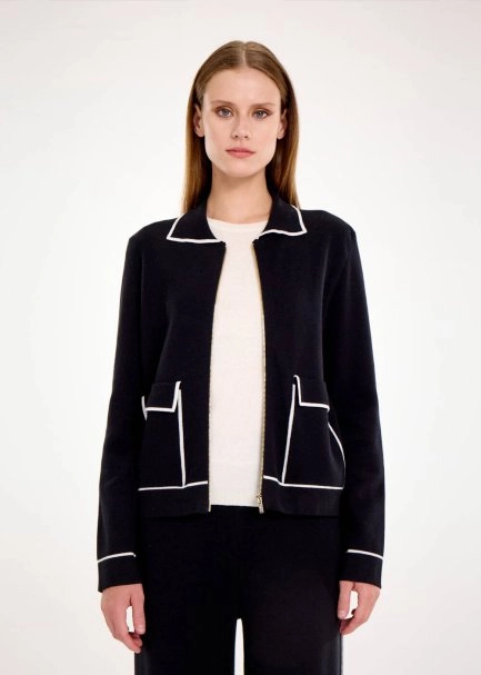 CONTRAST STRIPED SHIRT NECK KNIT JACKET - 1