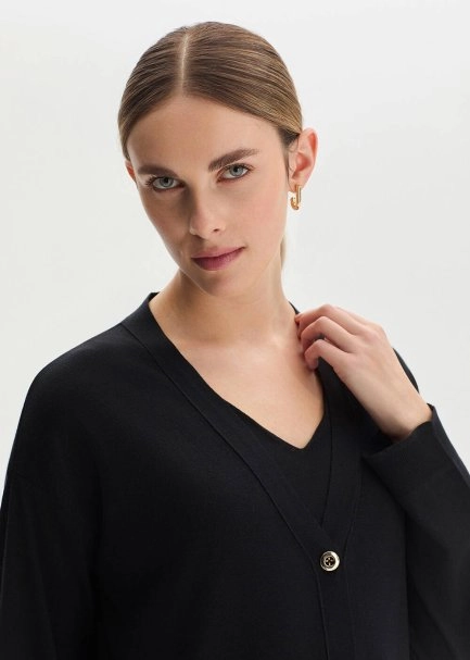 COTTON SILK BLEND BLACK KNIT CARDIGAN - 3