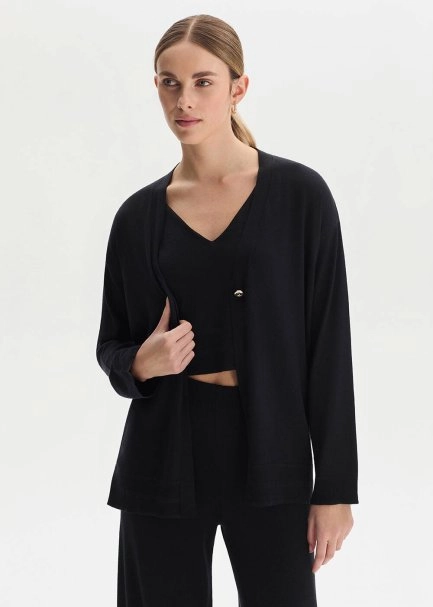 COTTON SILK BLEND BLACK KNIT CARDIGAN - 2