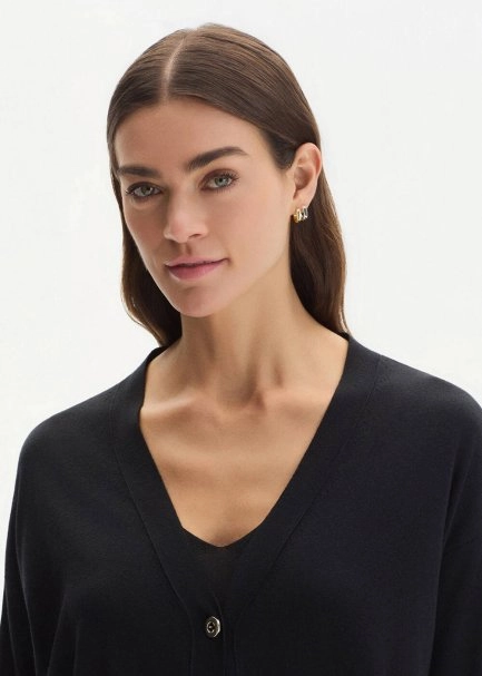 COTTON SILK BLEND BLACK KNIT CARDIGAN - 4