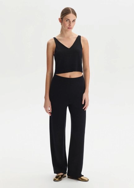 COTTON SILK BLEND BLACK KNIT PANTS - 2