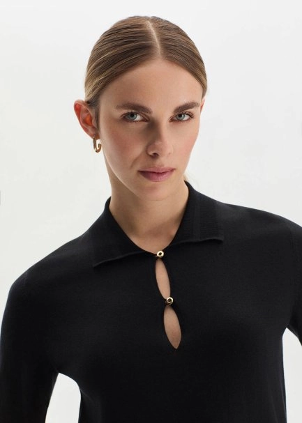 COTTON SILK BLEND BLACK KNIT TOP - 1