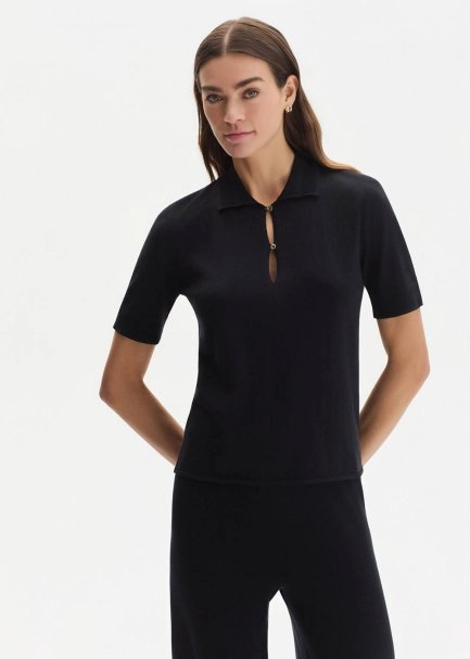 COTTON SILK BLEND BLACK KNIT TOP - 1