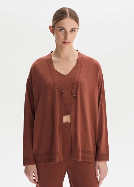 COTTON SILK BLEND CINNAMON KNIT CARDIGAN - 1