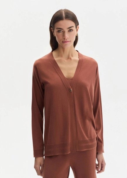 COTTON SILK BLEND CINNAMON KNIT CARDIGAN - 2