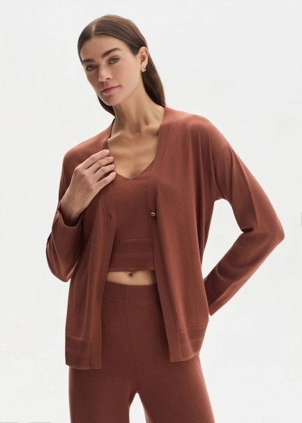 COTTON SILK BLEND CINNAMON KNIT CARDIGAN - 1