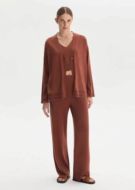 COTTON SILK BLEND CINNAMON KNIT PANTS - 3