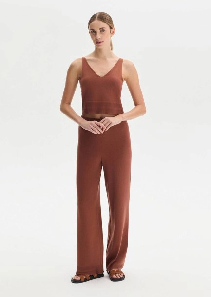 COTTON SILK BLEND CINNAMON KNIT PANTS - 2