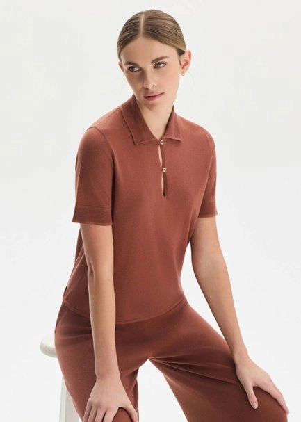 COTTON SILK BLEND CINNAMON KNIT TOP - 1