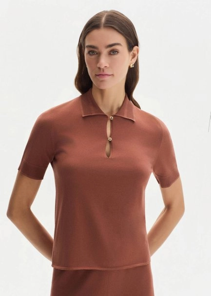 COTTON SILK BLEND CINNAMON KNIT TOP - 1