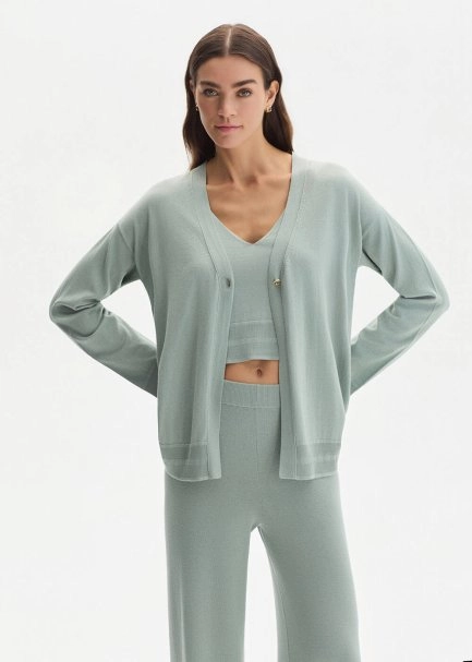 COTTON SILK BLEND CLAY KNIT CARDIGAN - 1