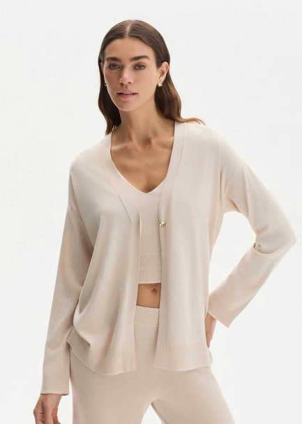 COTTON SILK BLEND NATURAL KNIT CARDIGAN - 1