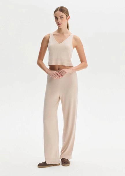 COTTON SILK BLEND NATURAL KNIT PANTS - 2