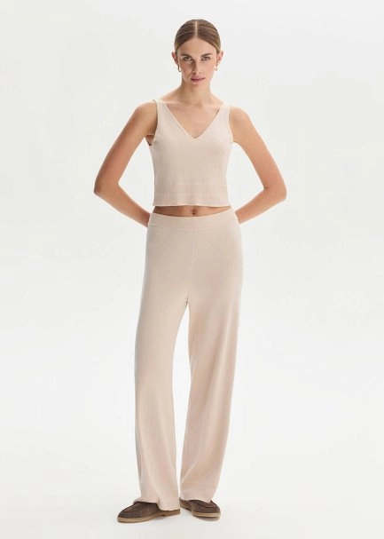 COTTON SILK BLEND NATURAL KNIT PANTS - 4