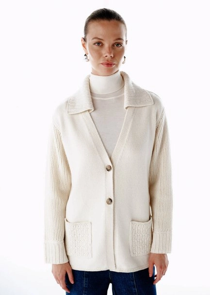CREAM ORGANIC COTTON CASHMERE BLEND KNIT CARDIGAN - 4