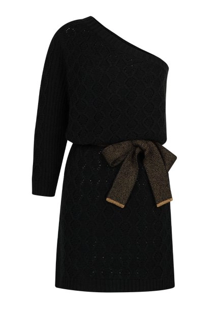Cross Cut Shoulder Black Knit Dress With Belt - 6