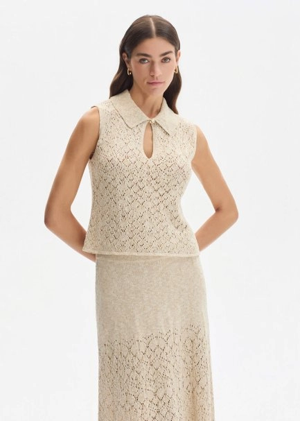 Damla Yaka Bej Triko Üst - 1