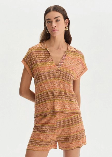 DEGRADE STRIPE POLO NECK BOHEMIAN KNIT TOP - 1