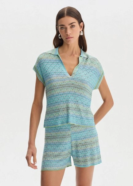 DEGRADE STRIPE POLO NECK GREENISH KNIT TOP - 3