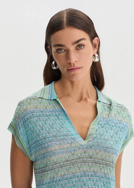 DEGRADE STRIPE POLO NECK GREENISH KNIT TOP - 4