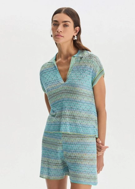 DEGRADE STRIPE POLO NECK GREENISH KNIT TOP - 1