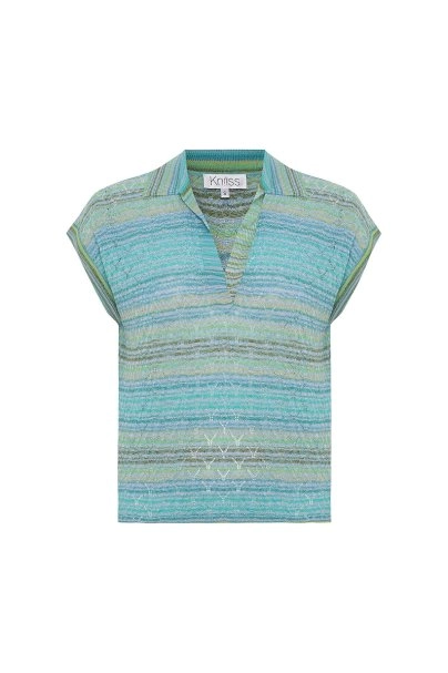 DEGRADE STRIPE POLO NECK GREENISH KNIT TOP - 6