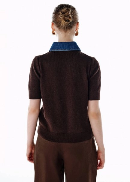 DENIM NECK DETAILED KNIT TOP COFFEE - 5