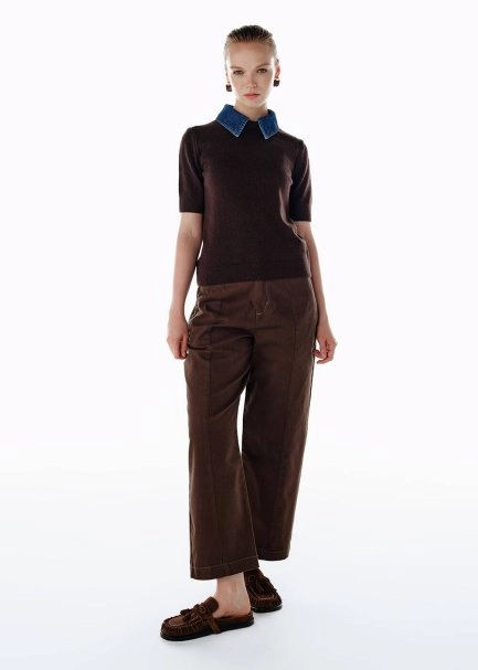 DENIM NECK DETAILED KNIT TOP COFFEE - 2