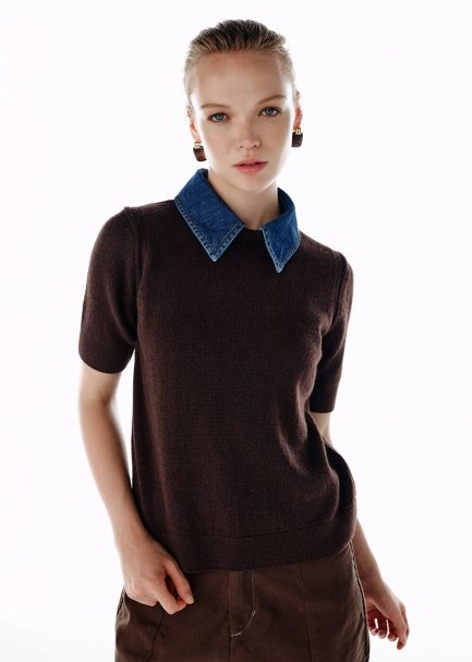 DENIM NECK DETAILED KNIT TOP COFFEE - 3