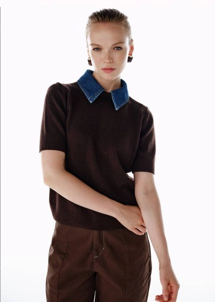 DENIM NECK DETAILED KNIT TOP COFFEE - 4