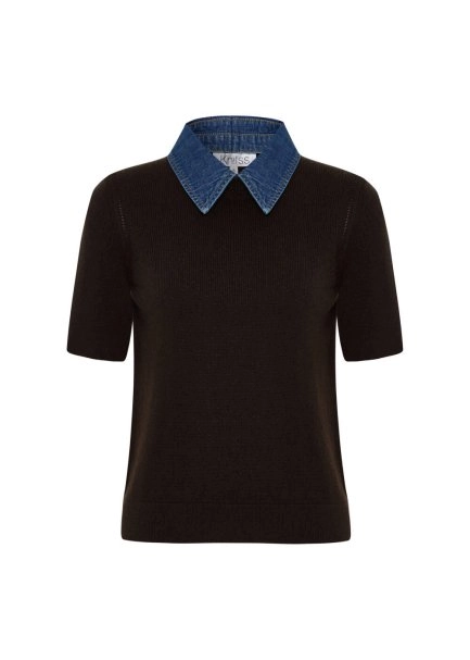 DENIM NECK DETAILED KNIT TOP COFFEE - 6